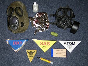 A selection of PPE and international military CBRN warning signs and markings