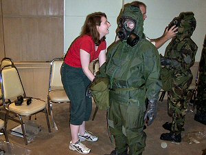 A hands on training session in CBRN Awareness includes recognising, and knowing how to fit, PPE